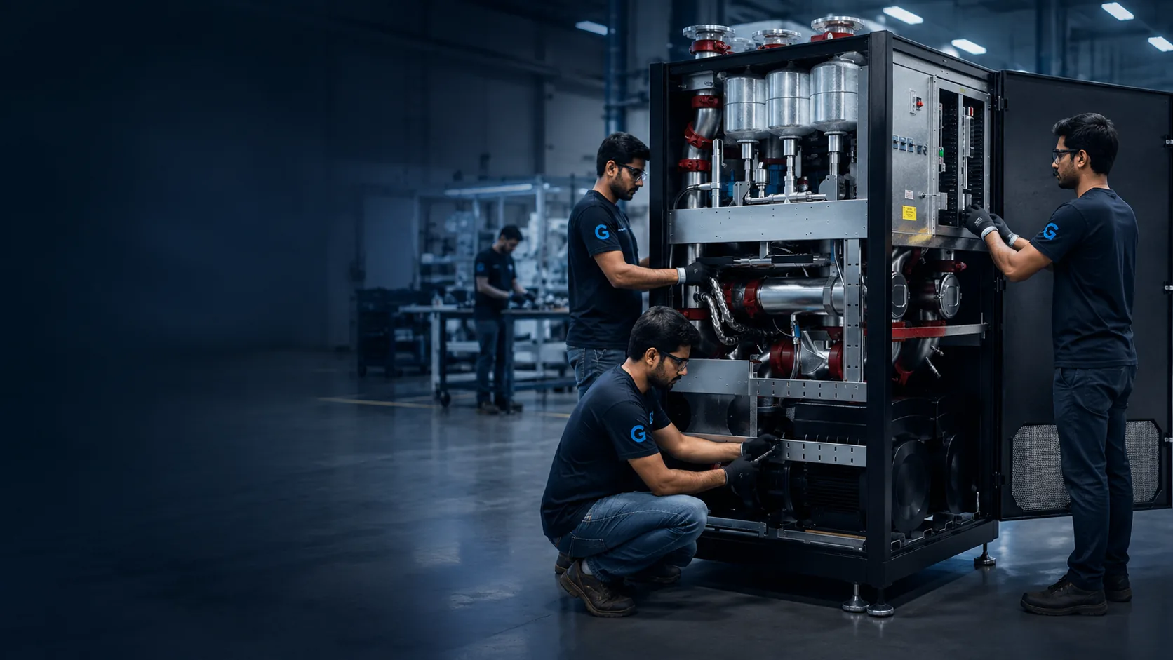 GScale technicians assembling a system on the factory floor